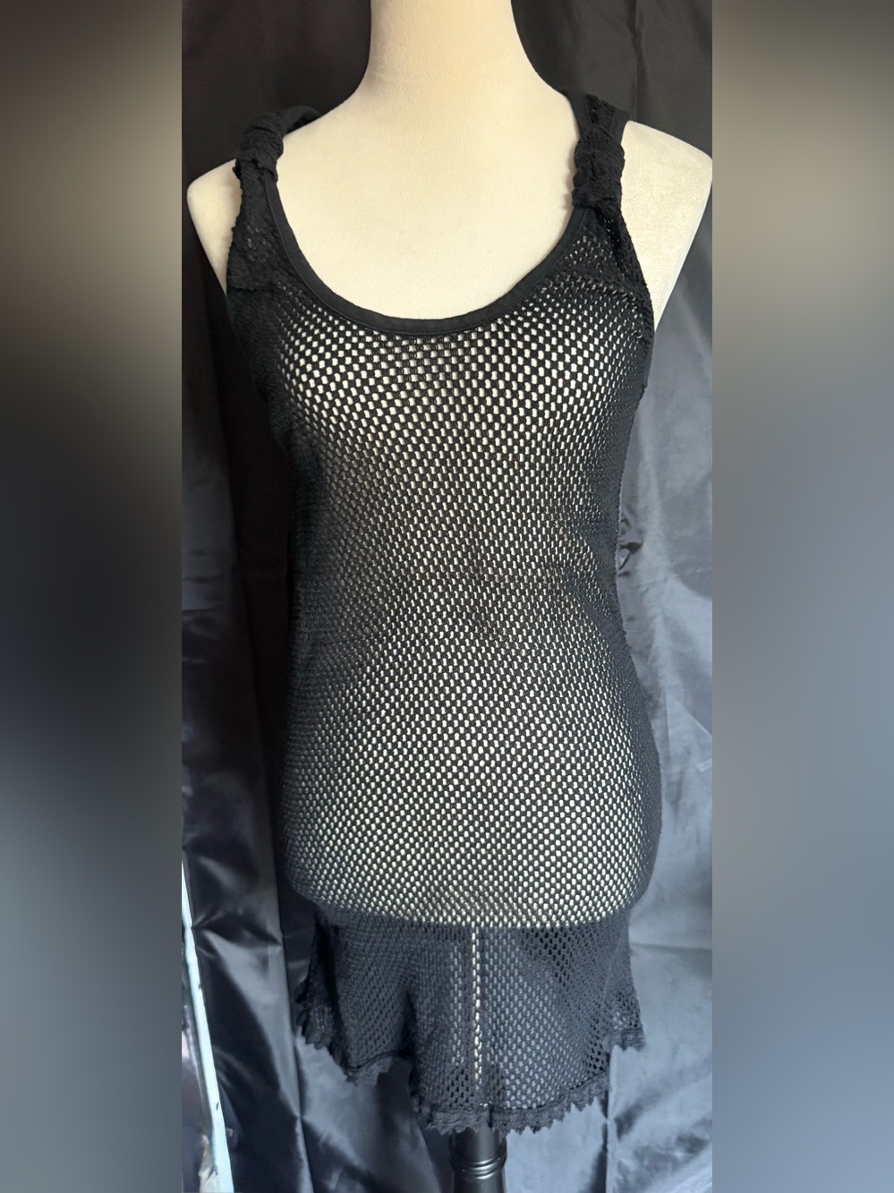 Black Crochet Mesh Swim Coverup Dress - Women